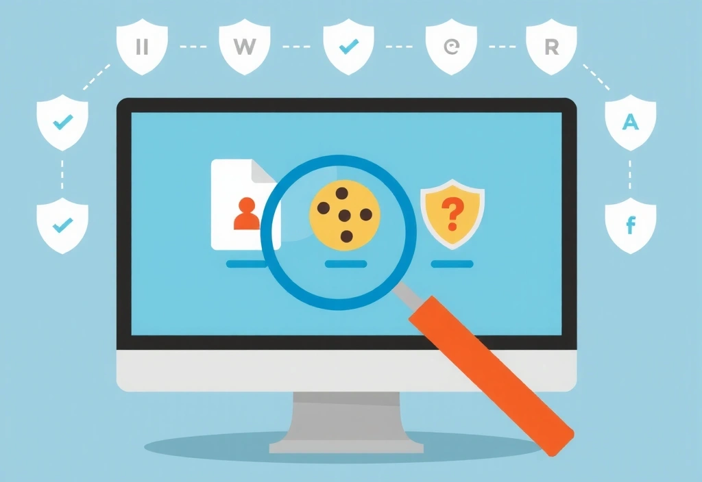 Moderne Illustration einer Lupe, die eine Cookie-Datei auf einem Bildschirm überprüft